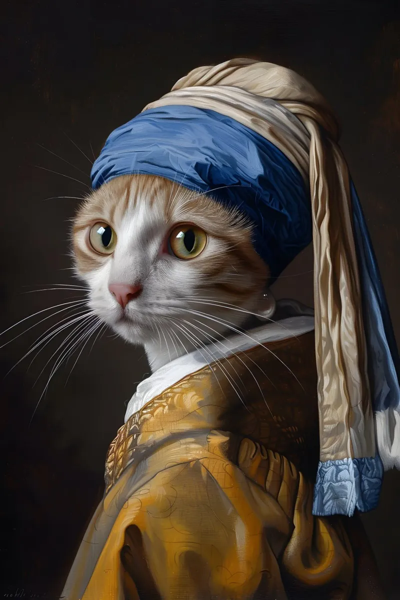 Il gatto con gli orecchini di perle poster con telaio in alluminio da M-Ulrich-Digital Art