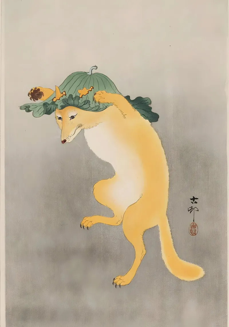 Dancing Fox with a Gourd Ukiyo-e Print canvas by dawnthesea