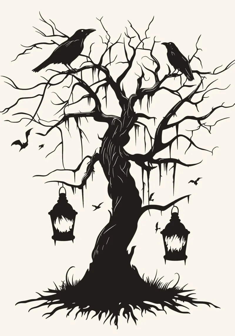 Albero mistico con corvi e lanterne pellicola backlit da pixelbull - medieval art and more