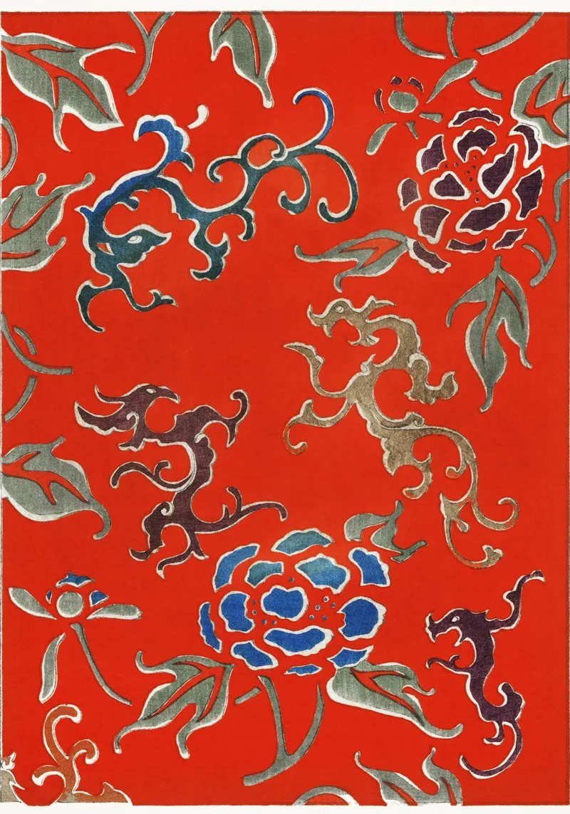 Motivo tessile giapponese rosso con draghi e fiori carta hahnemühle da dawnthesea