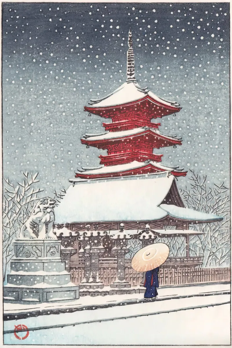 Cancello innevato con auto e ombrello - Woodblock invernale giapponese carta hahnemühle da dawnthesea