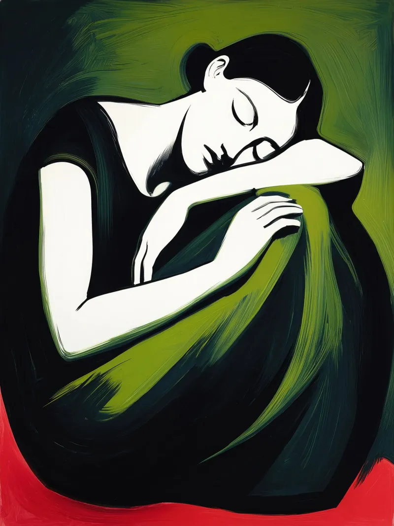 Vrouw in rust | Schilderij in groen en rood canvas van Autofocus