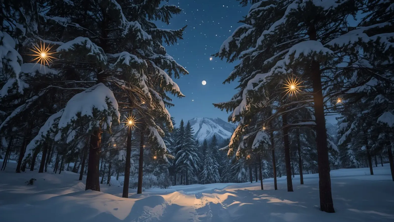 Foresta innevata di notte con luci stellari pellicola backlit da DesignDoodle