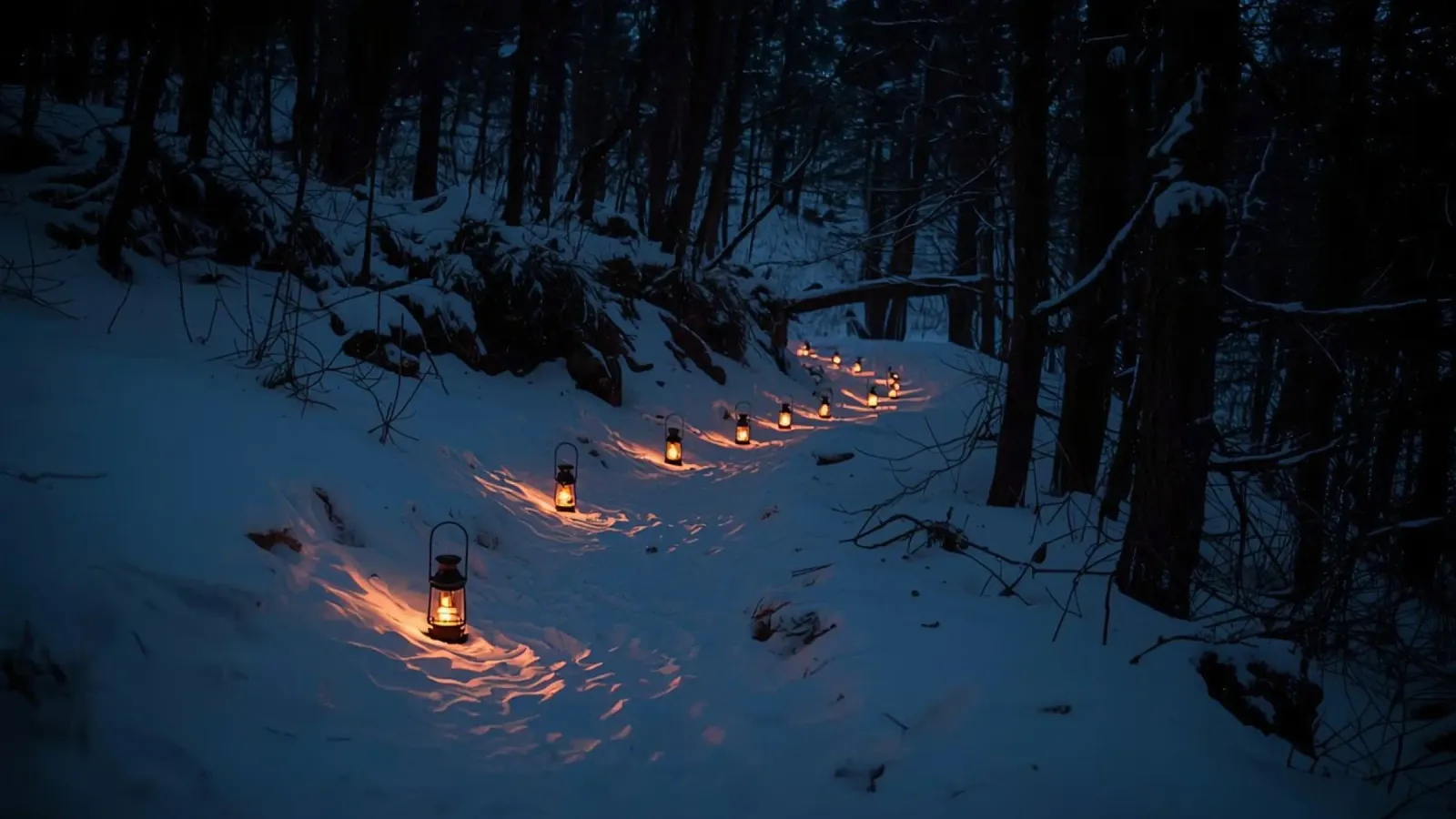 Snowy Forest Path Lined with Lanterns hahnemühle by DesignDoodle