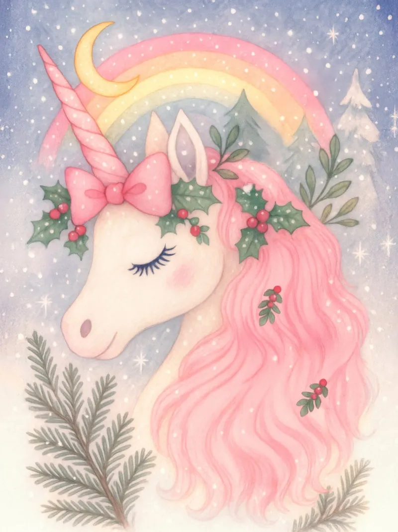 Unicornio de Navidad rosa con arco iris y nieve hahnemühle de Gentle Echoes Art