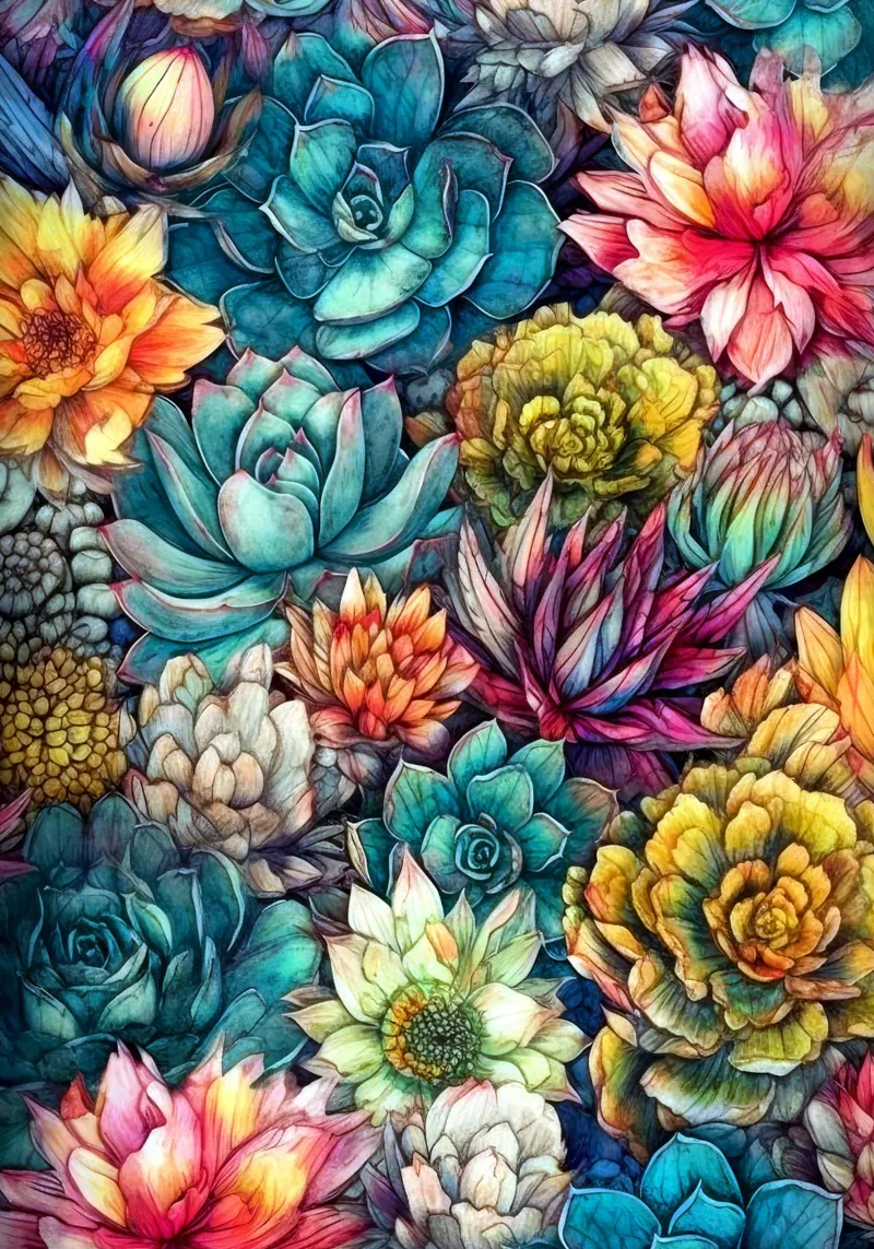 Bloemsucculenten en cactussen natuurkunst F canvas met Baklijst van Justyna Jaszke JBJart