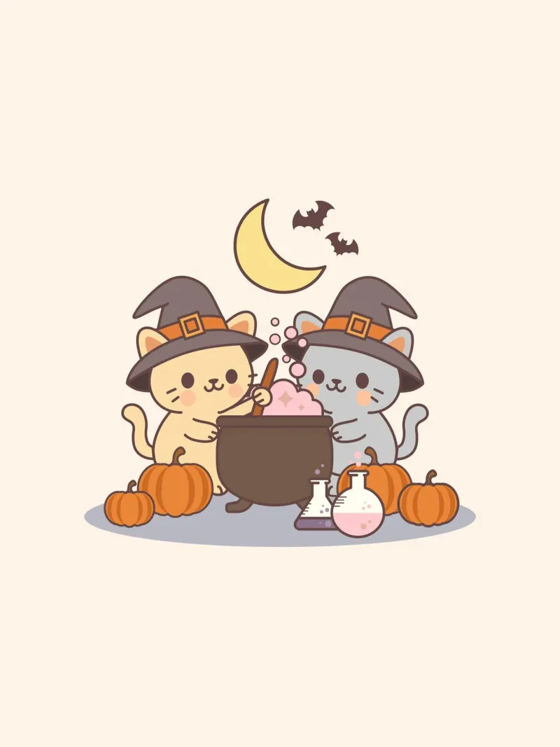 Gatti simpatici di Halloween che preparano una pozione con le zucche pellicola backlit da cafelab
