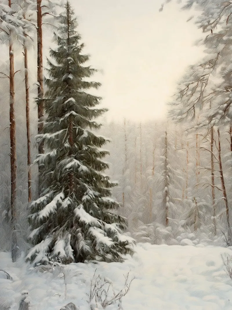 Foresta invernale innevata con abete maestoso pellicola backlit da Cozy Vibes