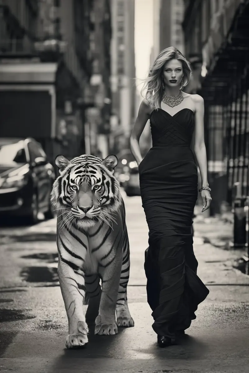 Blond model met tijger in New York City canvas met Baklijst van Autofocus