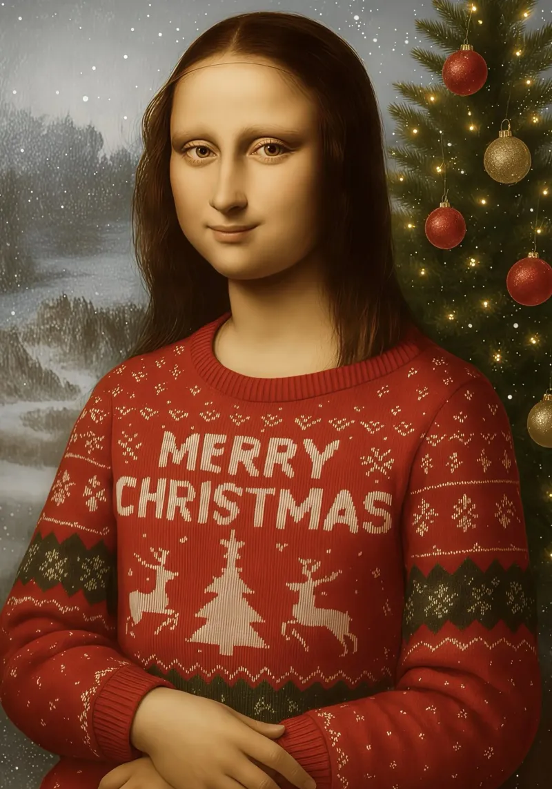 MONA LISA IM WEIHNACHTSPULLI Alu-Dibond von ARTOMATIC