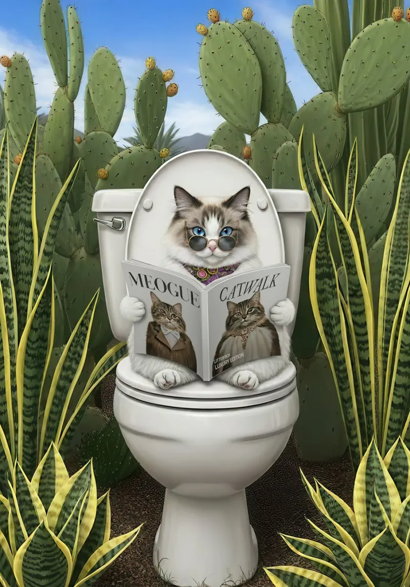 Cat Reading Magazine on Toilet alluminio dibond da Attaboy Dsgn