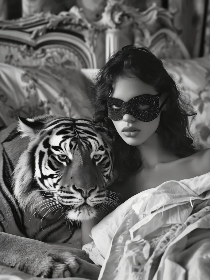 Masked woman in bed with a tiger | Surreal elegance alu-dibond by Autofocus