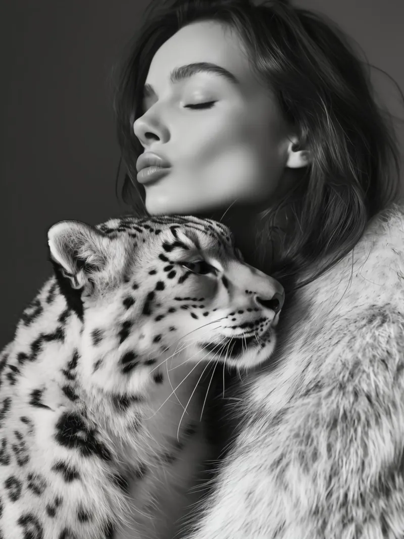 Donna con gatto di grandi dimensioni | Monocromatico che fa le fusa poster con telaio in plastica da Autofocus