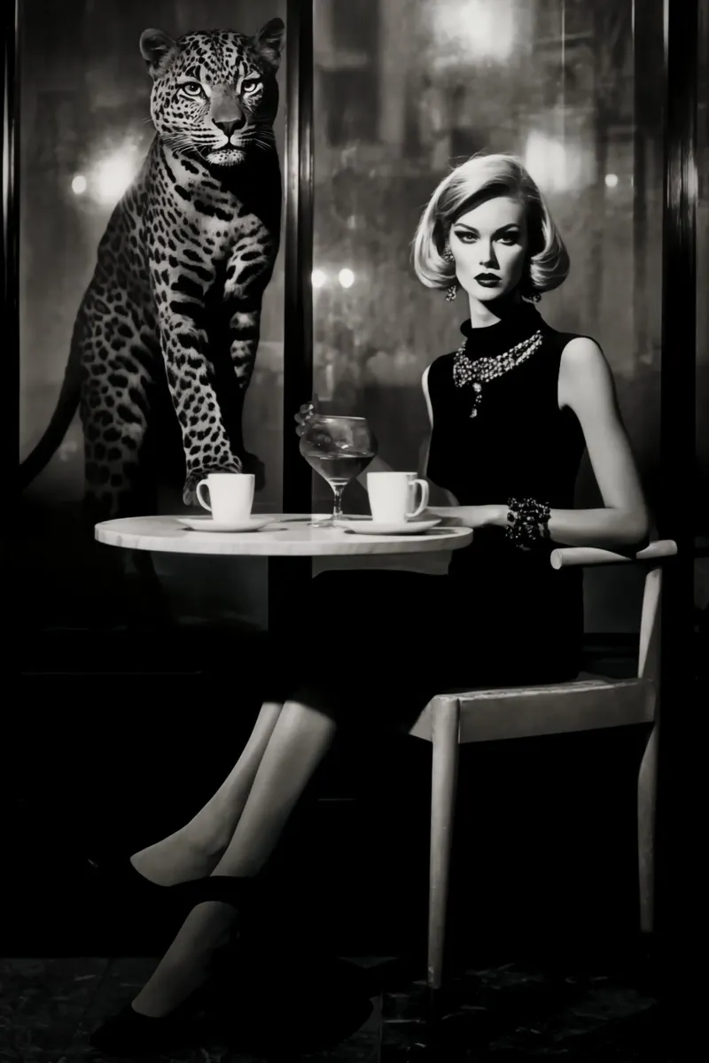 Woman with leopard at the cat table | Monochrome fantasy canvas with Floater frame by Autofocus