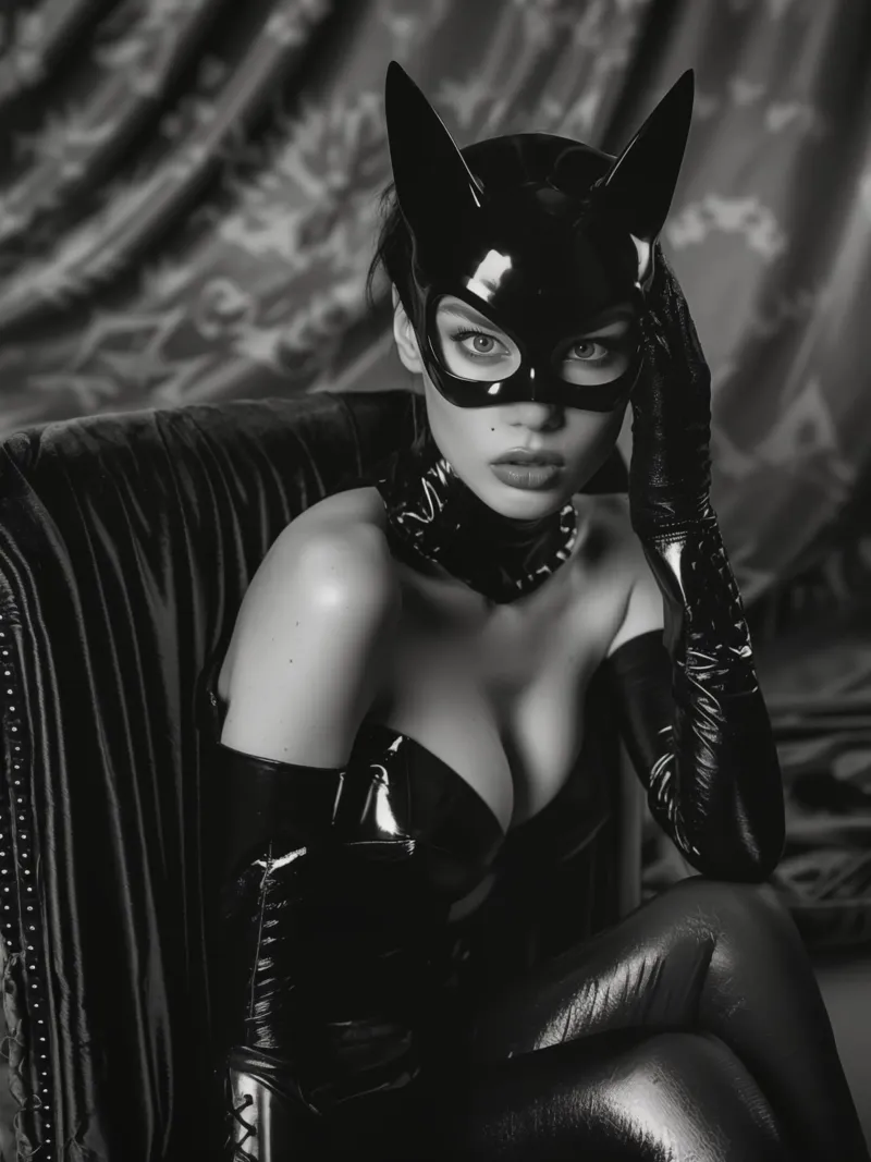 Donna in vernice e pelle | Una seduzione da catwoman poster con telaio in legno da Autofocus