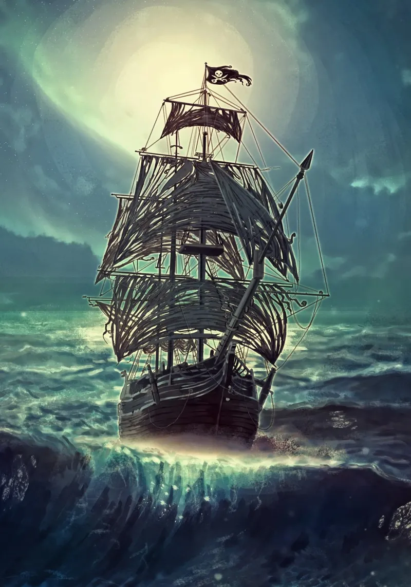 Nave pirata fantasma di notte poster con telaio in legno da Eva Nev