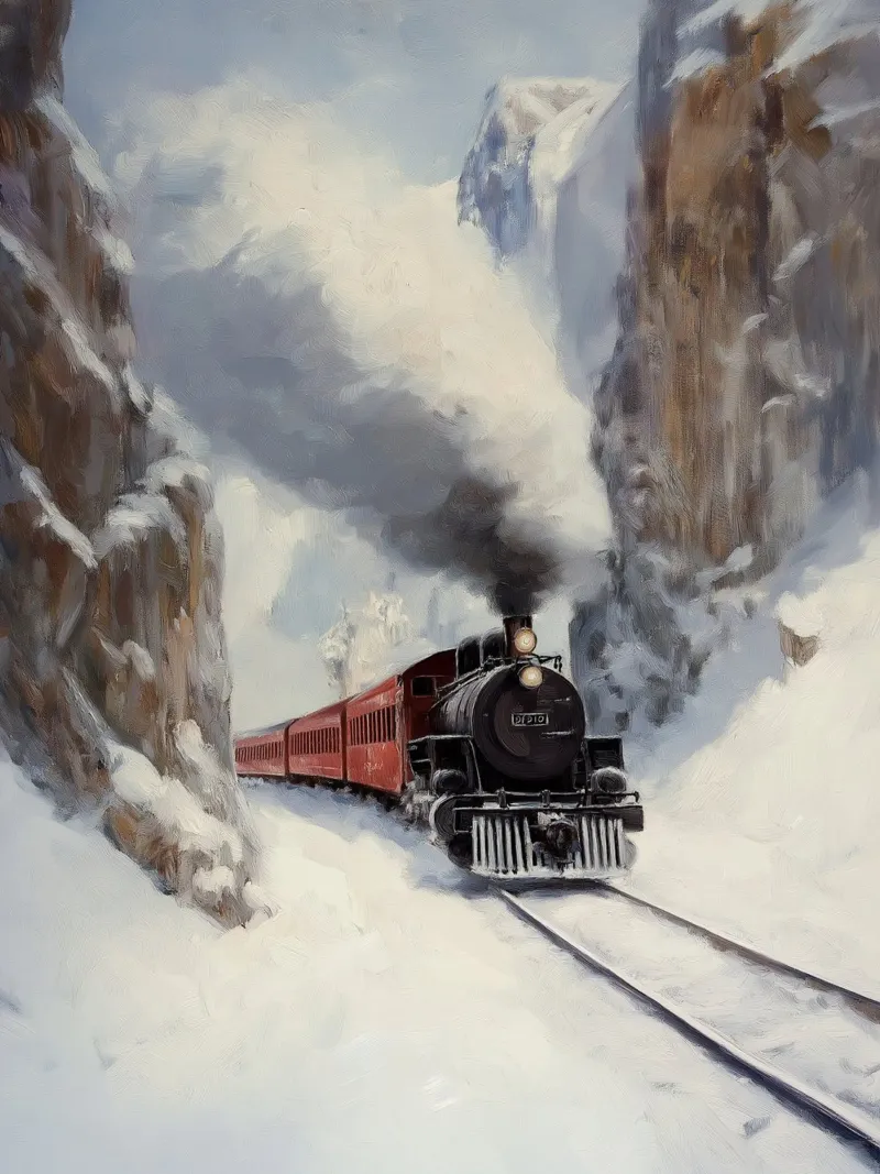 Treno d'inverno - Locomotiva a vapore nostalgica sulla neve pellicola backlit da Cozy Vibes