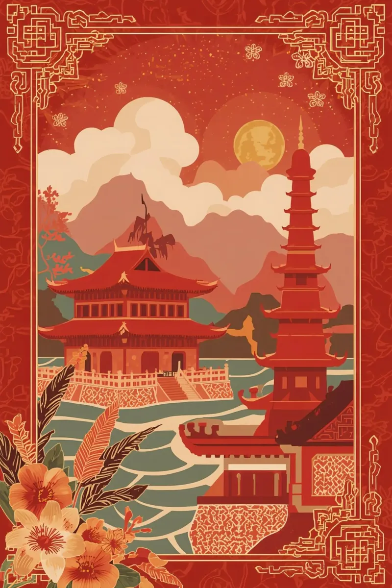 Paesaggio asiatico con pagode e bordura floreale pellicola backlit da DesignDoodle