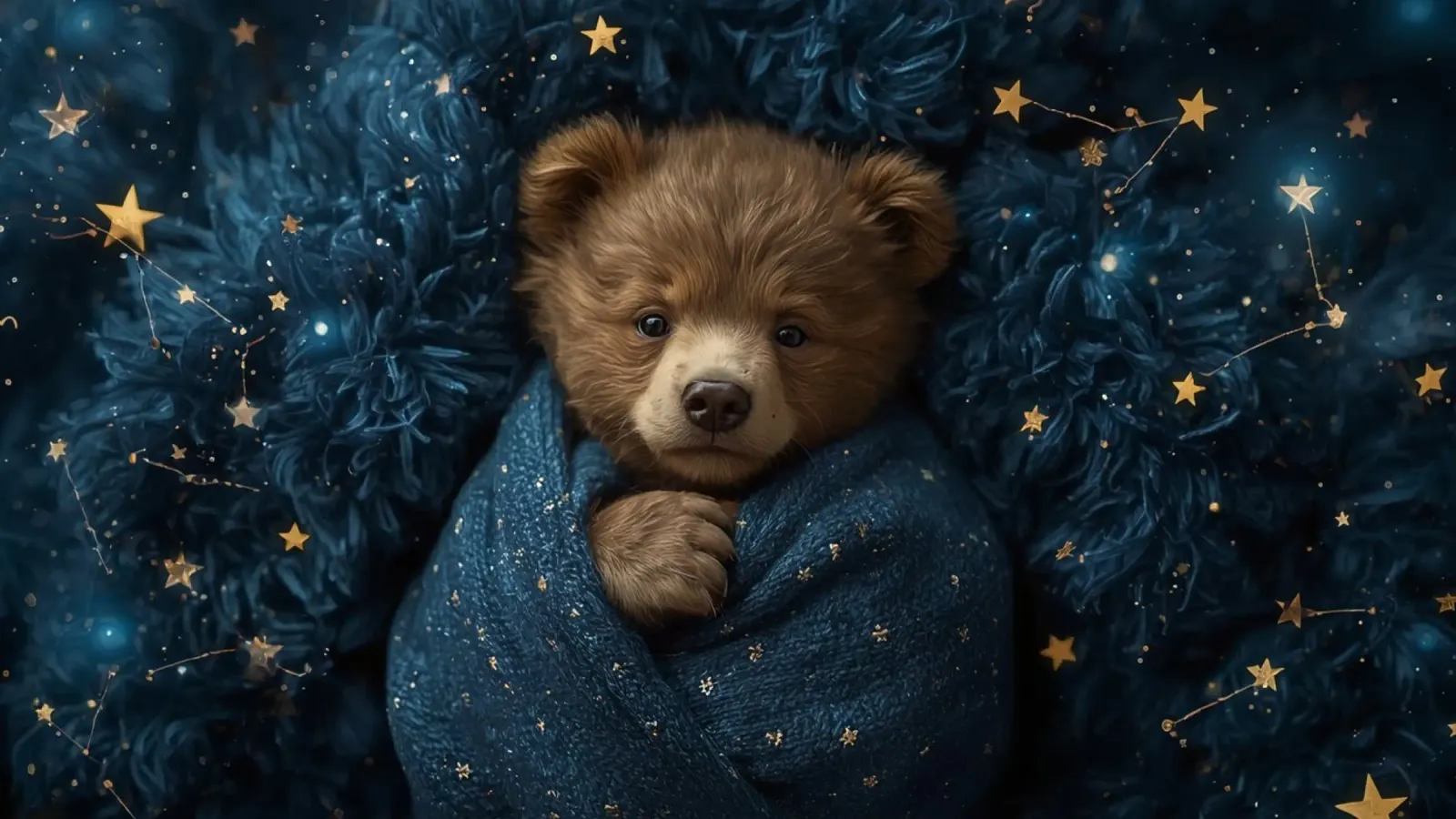 Cucciolo d'orso avvolto in una coperta di stelle pellicola backlit da DesignDoodle