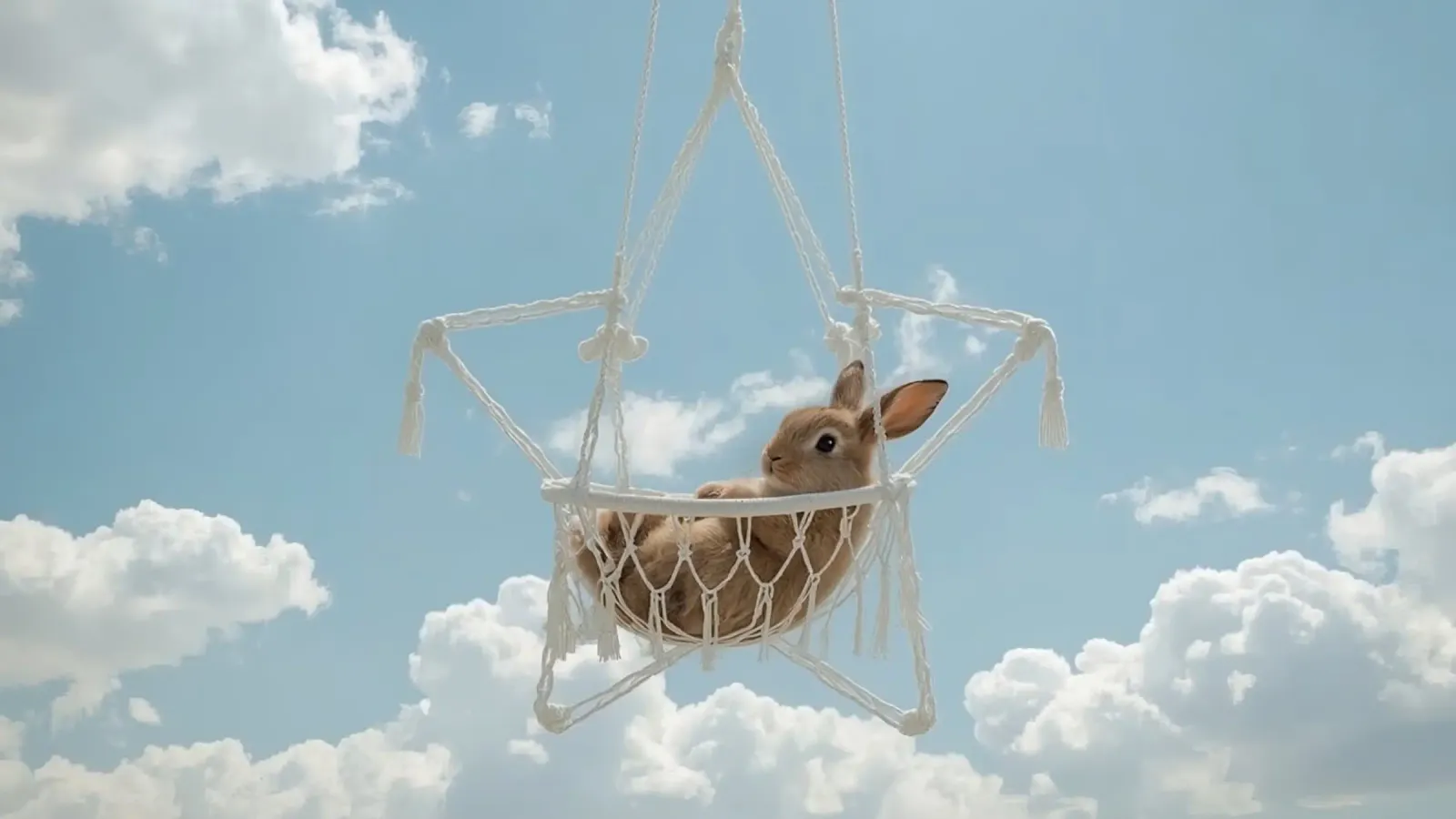 Mignon lapin heureux dans un hamac en macramé sur fond de ciel hahnemühle de DesignDoodle