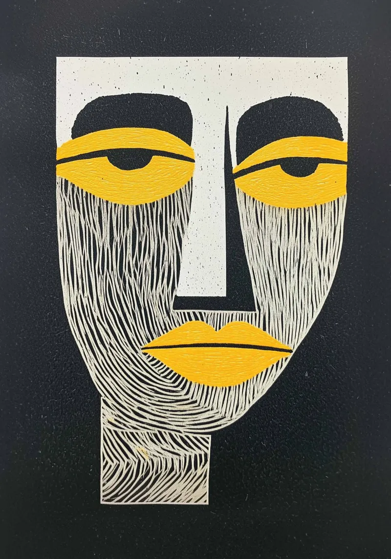 Abstracte gezichtskunst, geel en zwart expressionisme canvas van Bakara