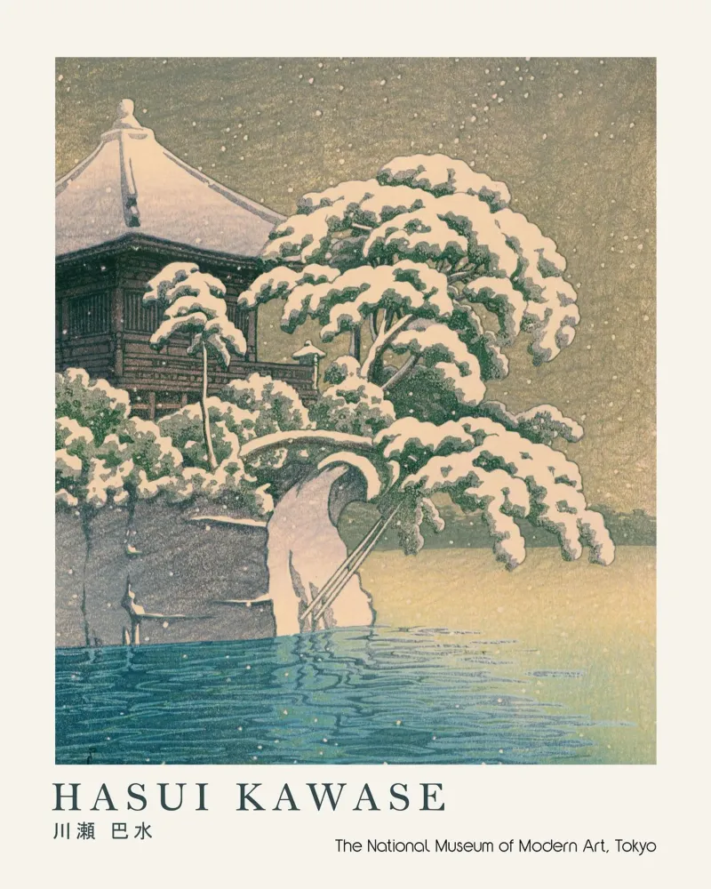 Hasui Kawase Padiglione d'argento, stampa giapponese sulla neve poster da Bakara