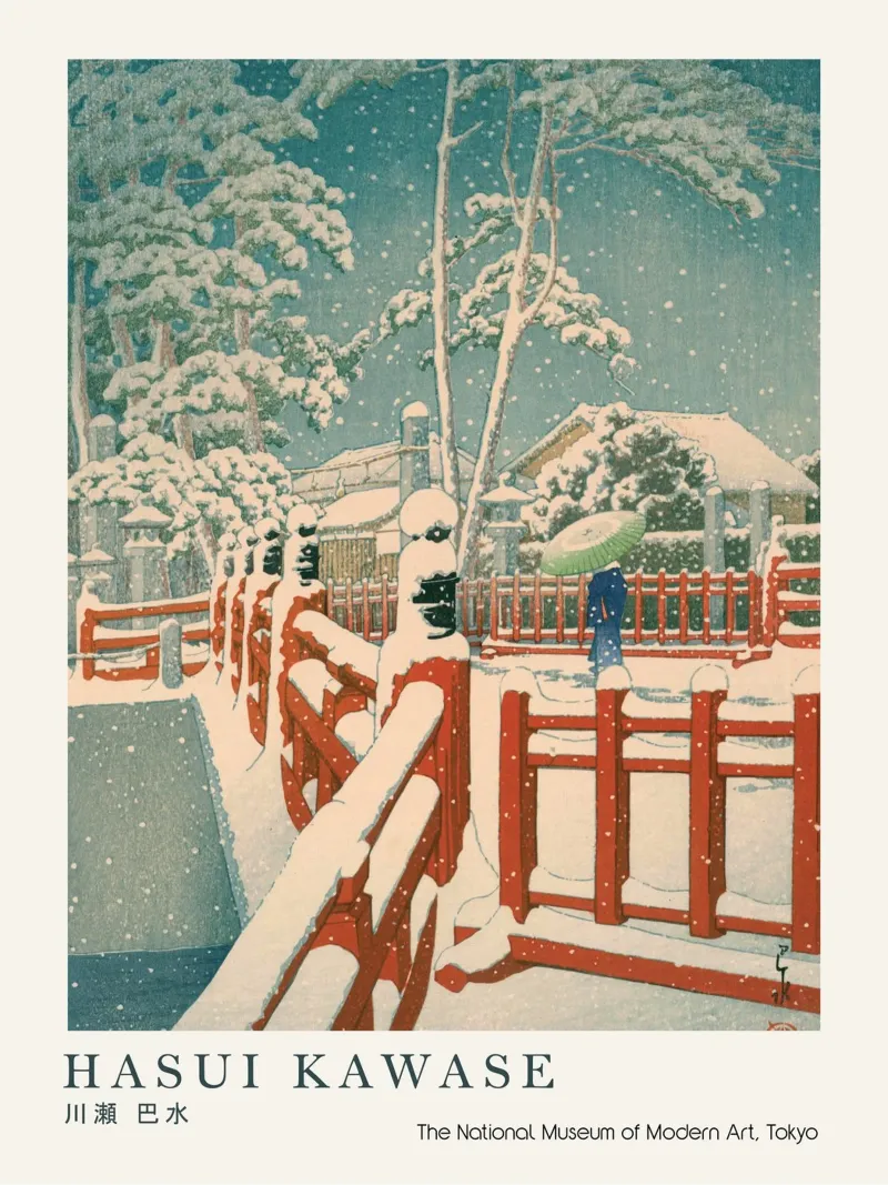 Ponte rosso di Hasui Kawase, scena di neve giapponese poster da Bakara