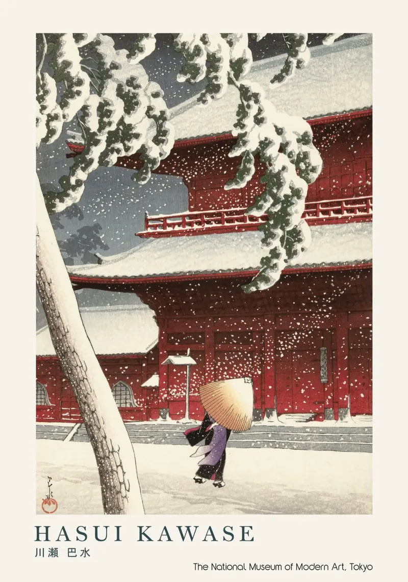 Templo Hasui Kawase en la nieve, xilografía japonesa metacrilato de Bakara