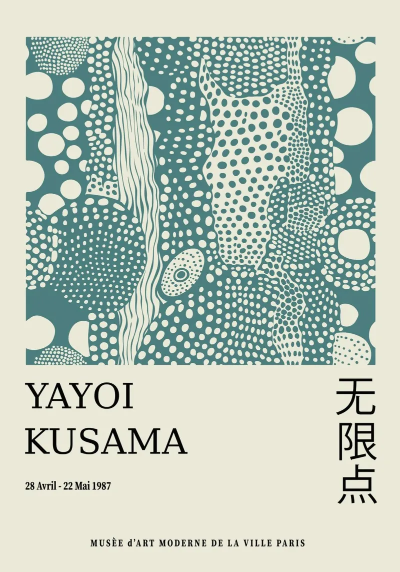 Yayoi Kusama Teal Dots, Unendliche Netze Druck Hahnemühle von Bakara
