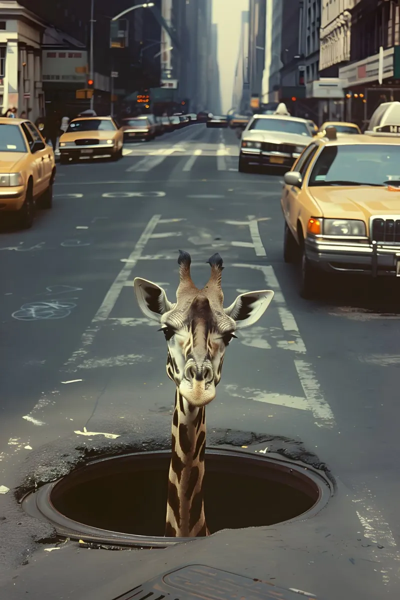 Giraffa nella giungla urbana poster con telaio in legno da M-Ulrich-Digital Art
