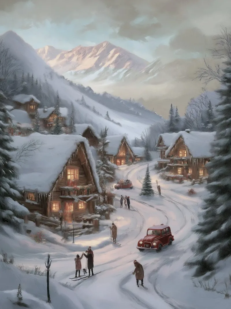 Villaggio invernale di montagna con case e luci innevate alluminio dibond da Cozy Vibes