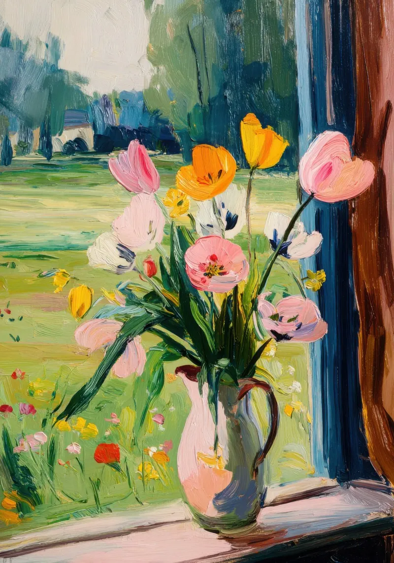 Tulipani colorati in un vaso rosa pellicola backlit da Nikis Art Studio