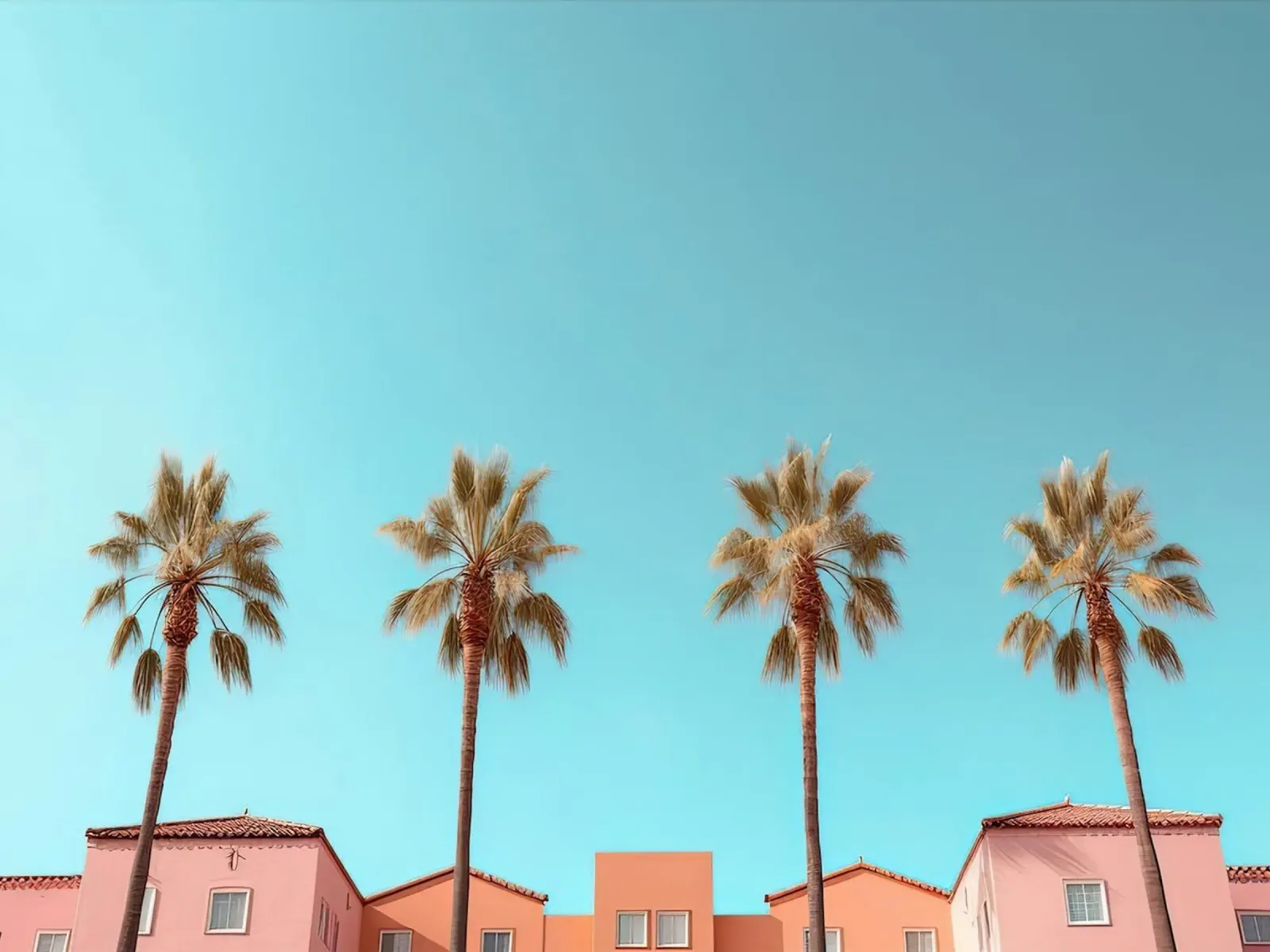 Row Of Pastel Color Houses And Palm Tree On The Beach Summer alluminio dibond da Leonard Barreiro