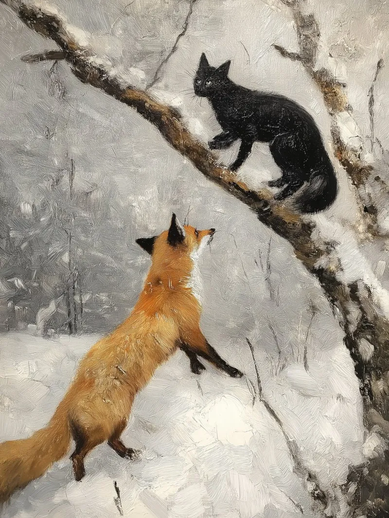 Volpe rossa e gatto nero nella foresta invernale innevata pellicola backlit da Cozy Vibes