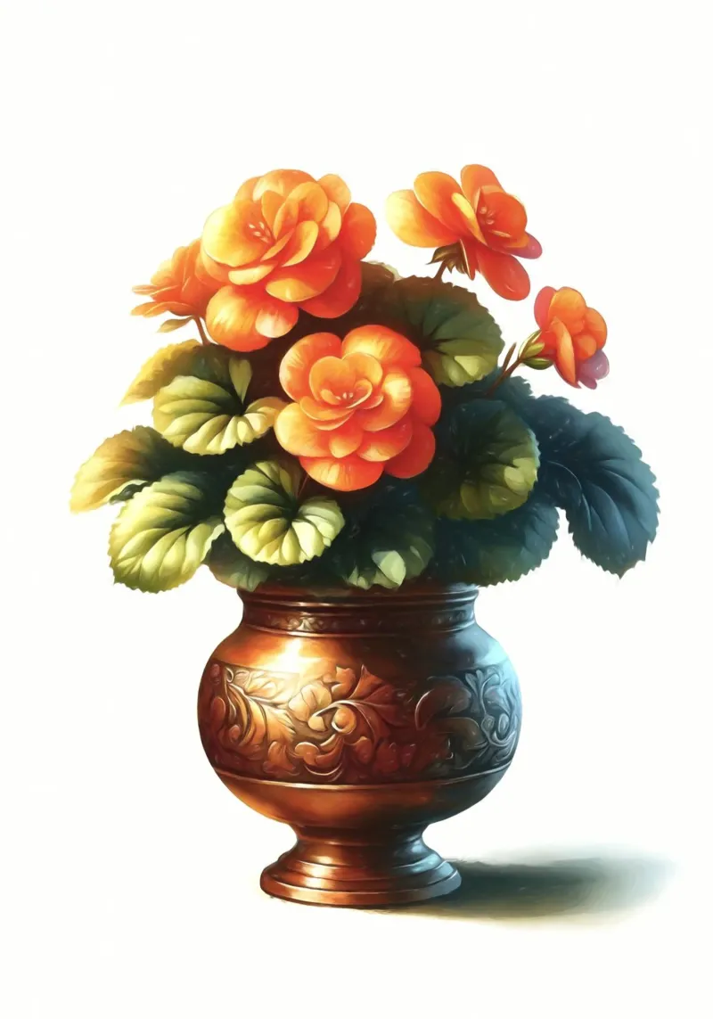 Una singola begonia arancione in un vaso di metallo color rame pellicola backlit da Bloom And Brush