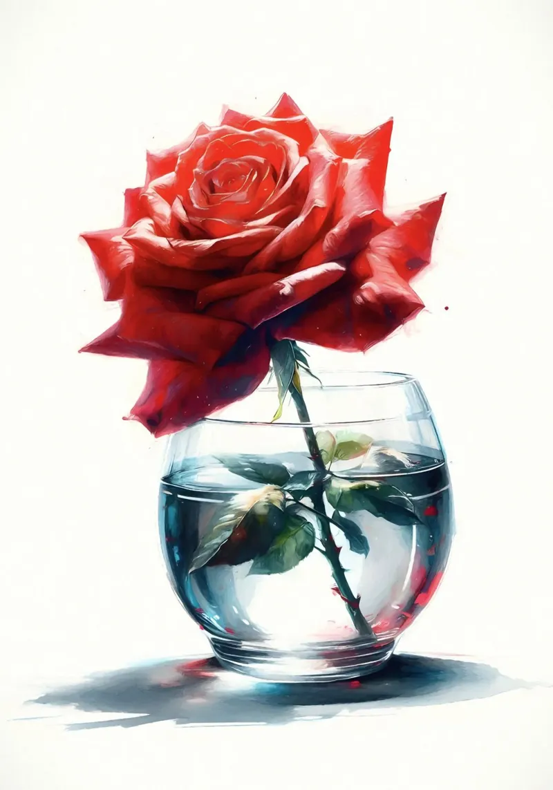 Una singola rosa rossa in un vaso di vetro trasparente con acqua alluminio dibond da Bloom And Brush