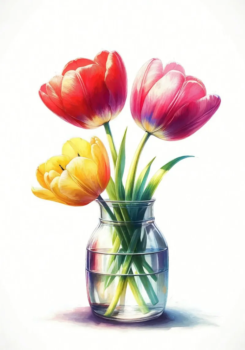 Tre tulipani in un vaso di vetro trasparente con acqua plexiglass da Bloom And Brush