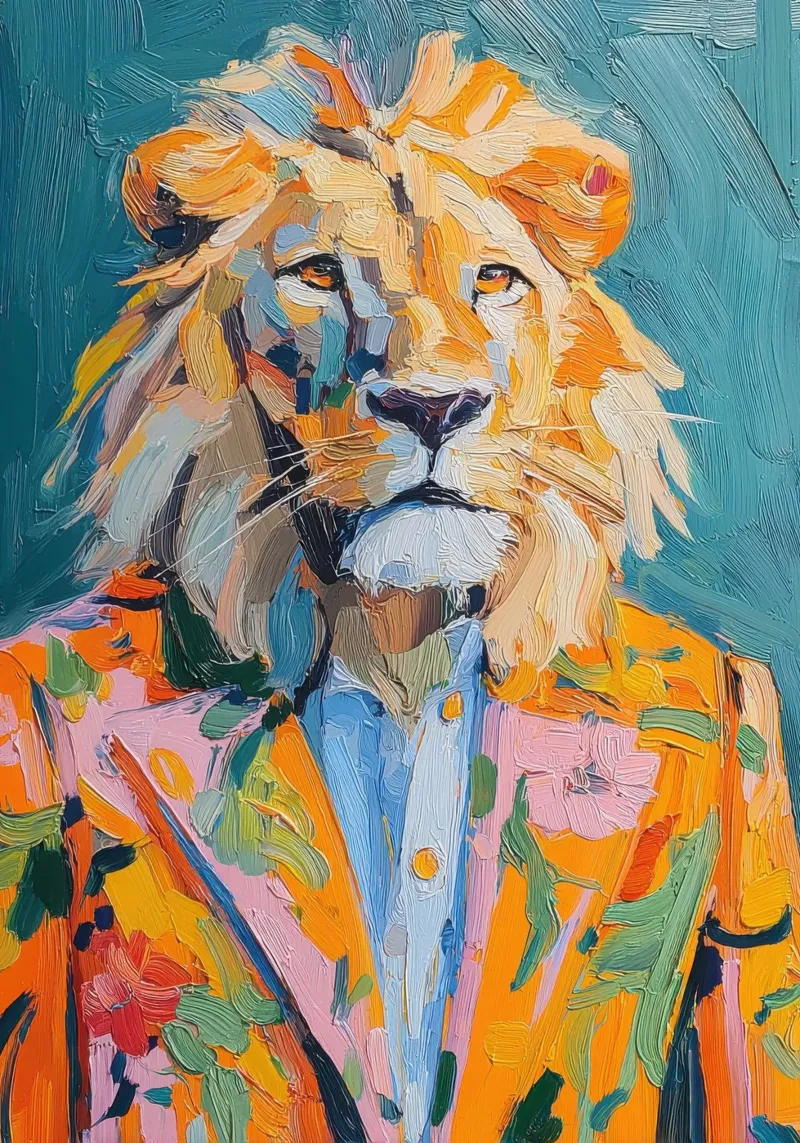 Pittura a olio colorata con leone in abito carta hahnemühle da Nikis Art Studio