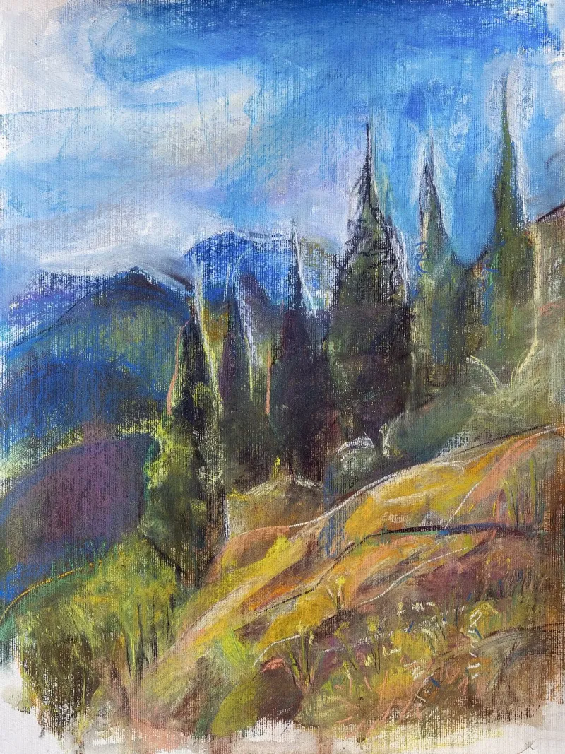 Alpine Serenity, impressionist soft pastel landscape drawing pellicola backlit da Stoian Hitrov