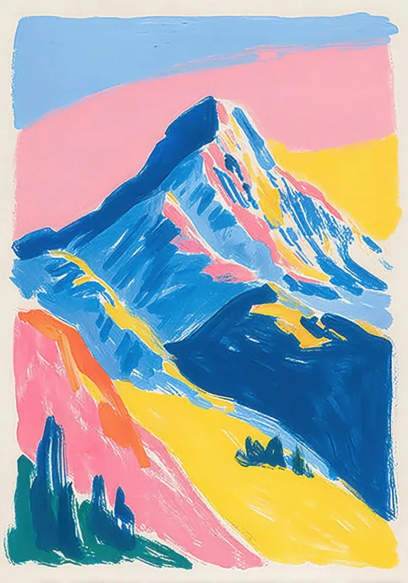 Paesaggio montano colorato in stile Risograph pellicola backlit da Nikis Art Studio