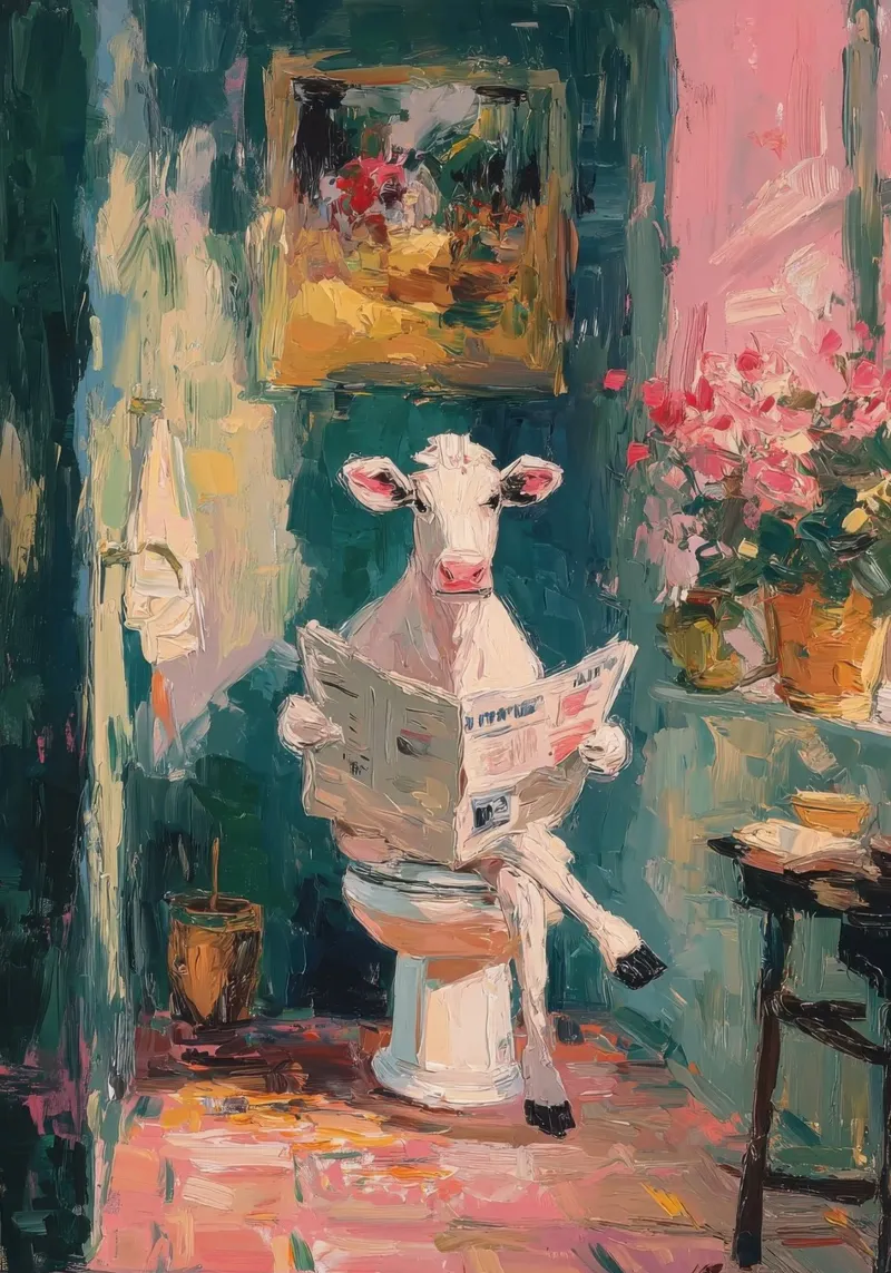 Mucca in bagno illustrazione ad olio pellicola backlit da Nikis Art Studio