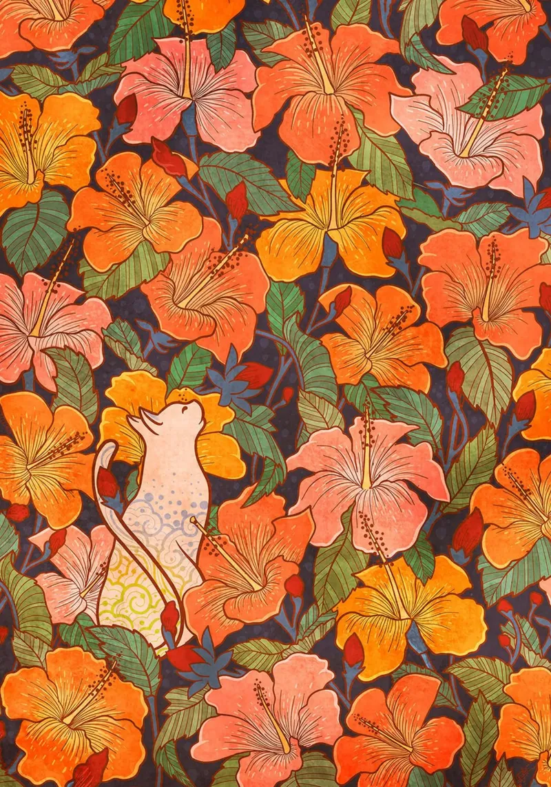 Cat in a Hibiscus Field canvas by Junior Harrington