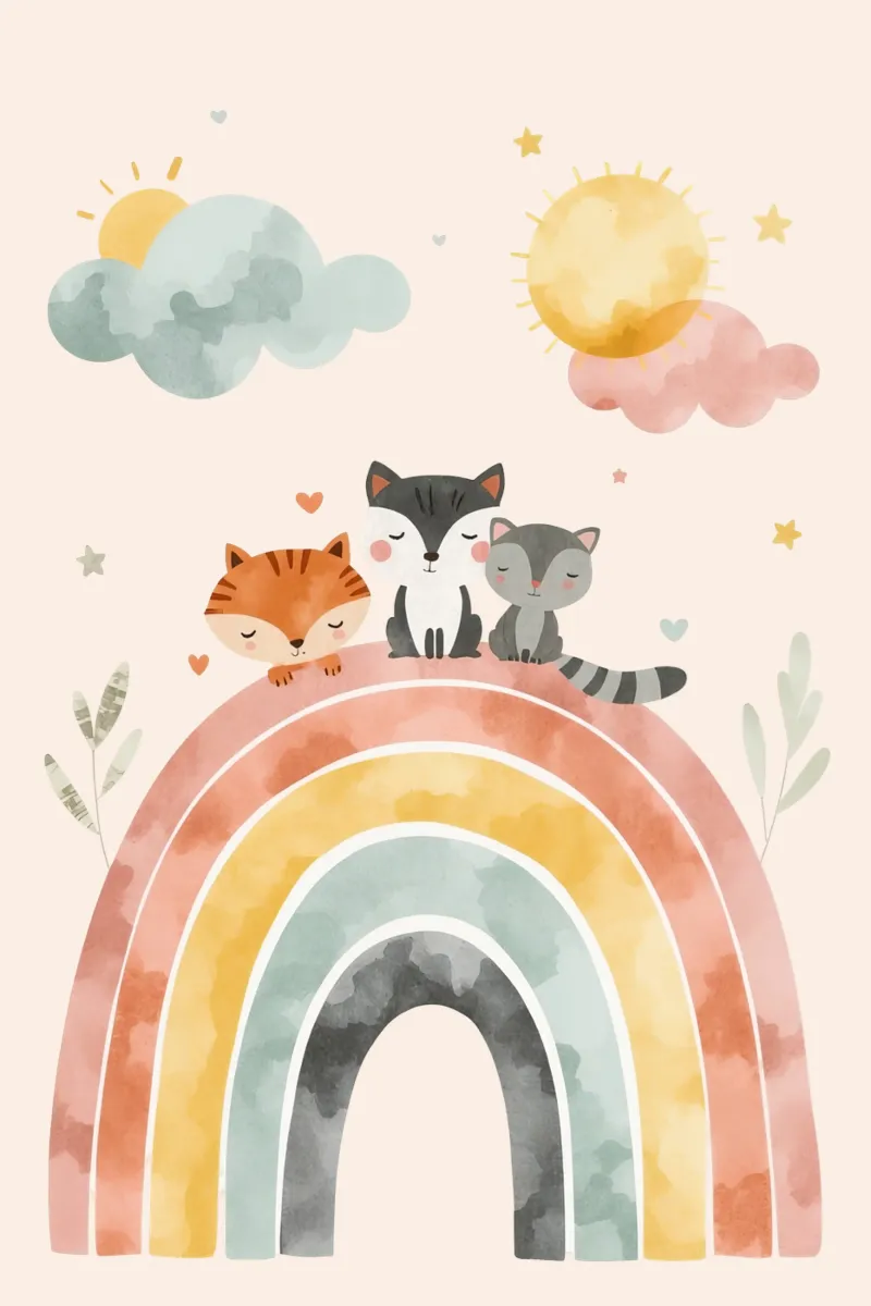 Simpáticos animales de dibujos animados en un arco iris con soles y nubes hahnemühle de DesignDoodle