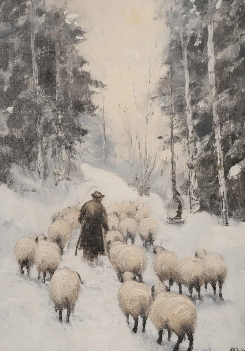 Winter Schäfer – Shepherd with Sheep Art Print Hahnemühle von Cozy Vibes