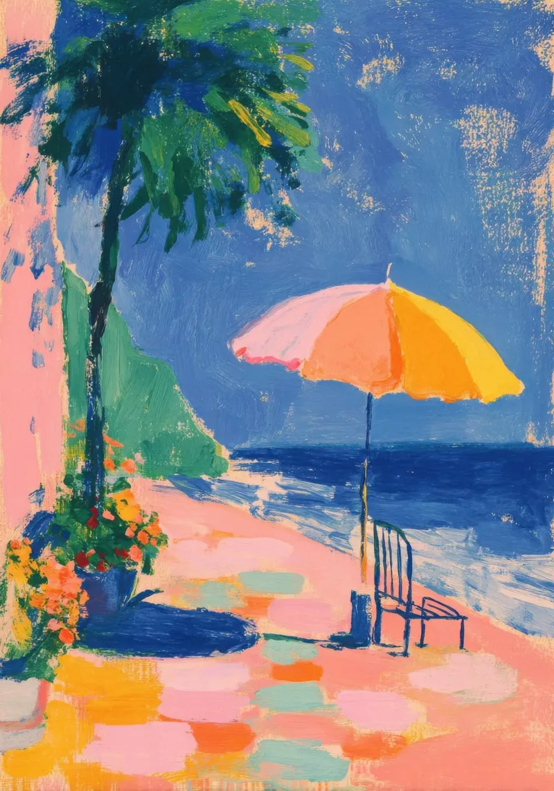 Immagine vintage della spiaggia con ombrellone e sedia pellicola backlit da Nikis Art Studio