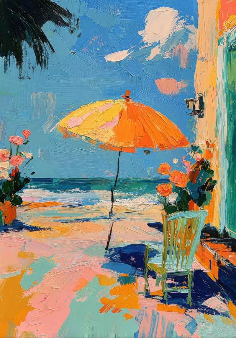 Pittura ad olio sulla spiaggia con ombrellone e sedia pellicola backlit da Nikis Art Studio