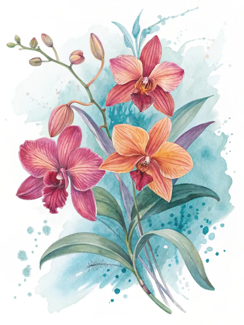 Watercolor Orchids with Abstract Blue Background Fine Art Pr canvas by Artistic-shop