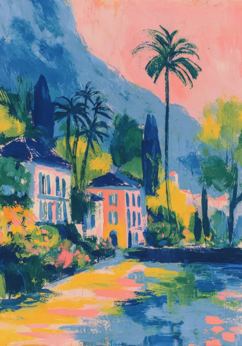 Gouache Gemälde Lago di Como Italien pellicola backlit da Nikis Art Studio