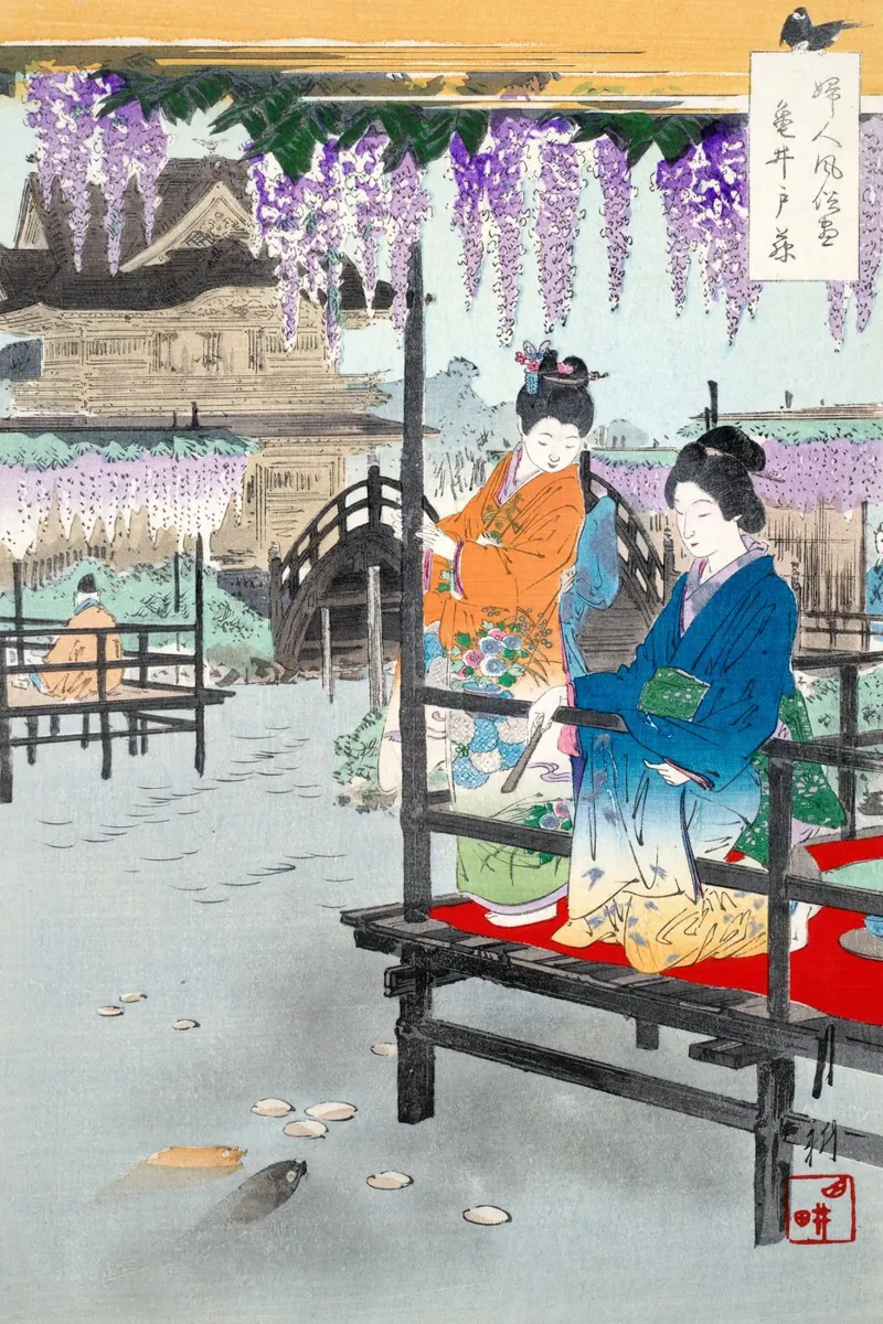 Two Maidens on Veranda Overlooking carta hahnemühle da vintageshop