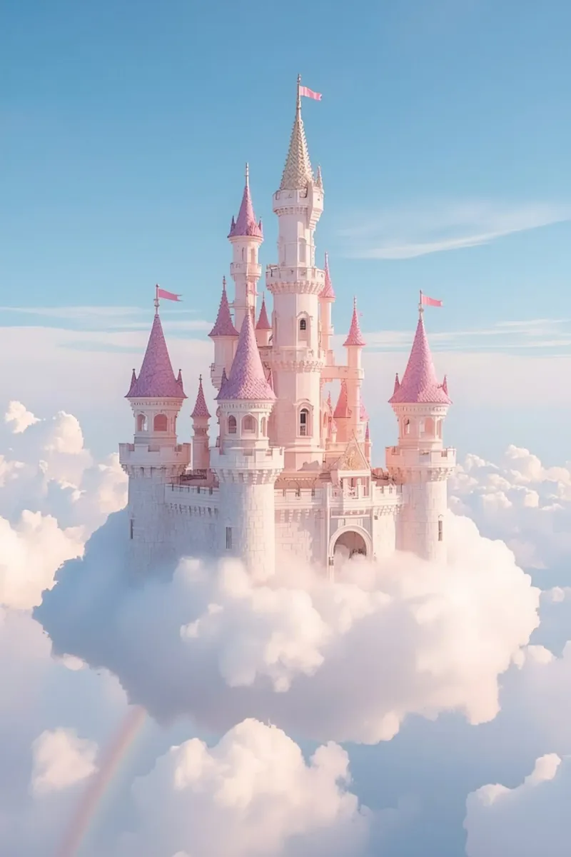 Castle floating on clouds with rainbow hahnemühle by DesignDoodle